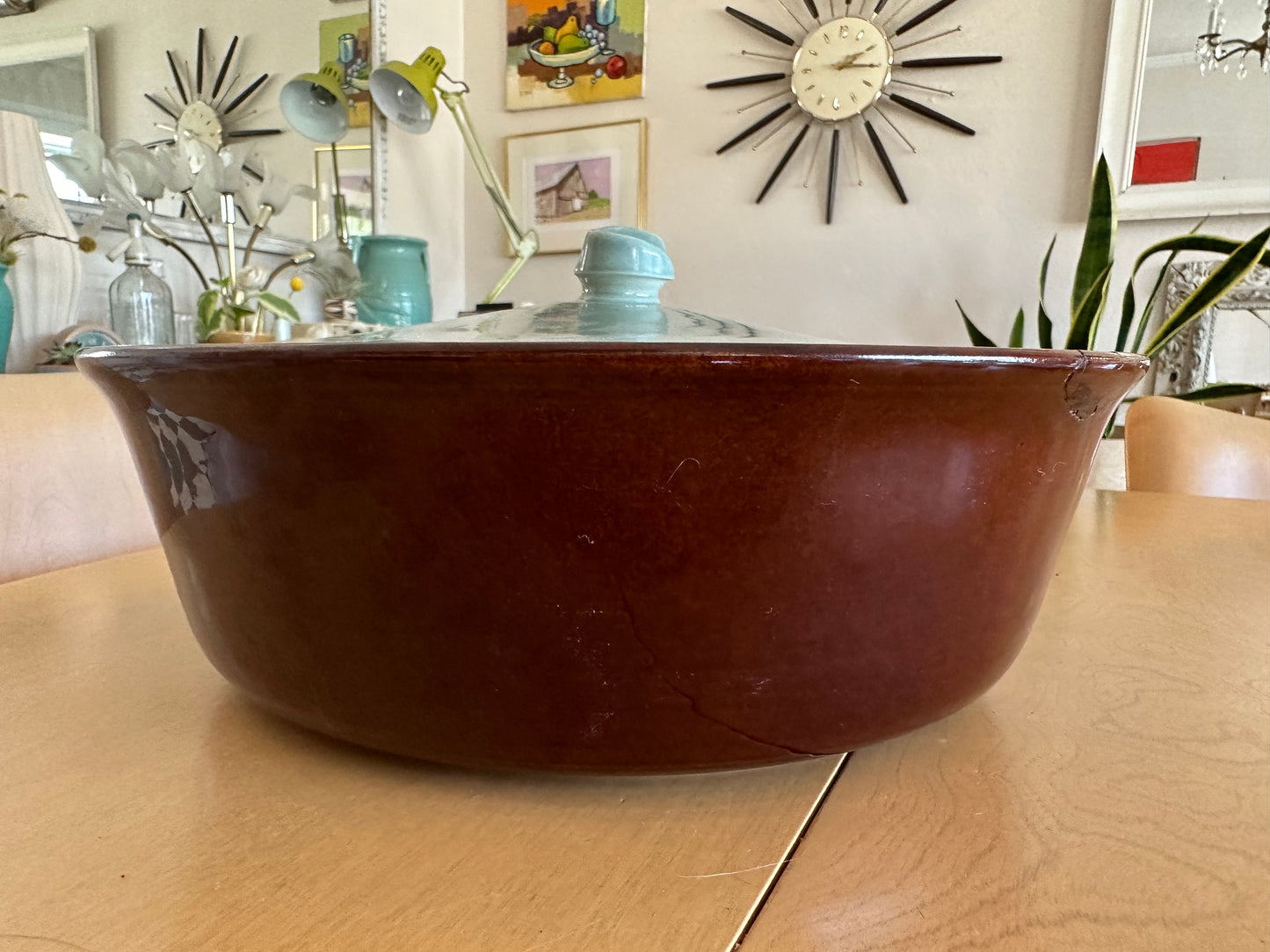 Vintage Red Wing pottery large a blue lid casserole dish with bamboo holder